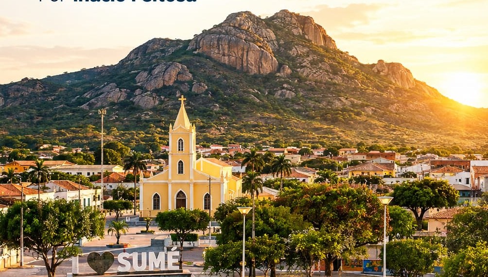 Vista de Sumé, na Paraíba, com a igreja matriz e as serras do Cariri ao fundo